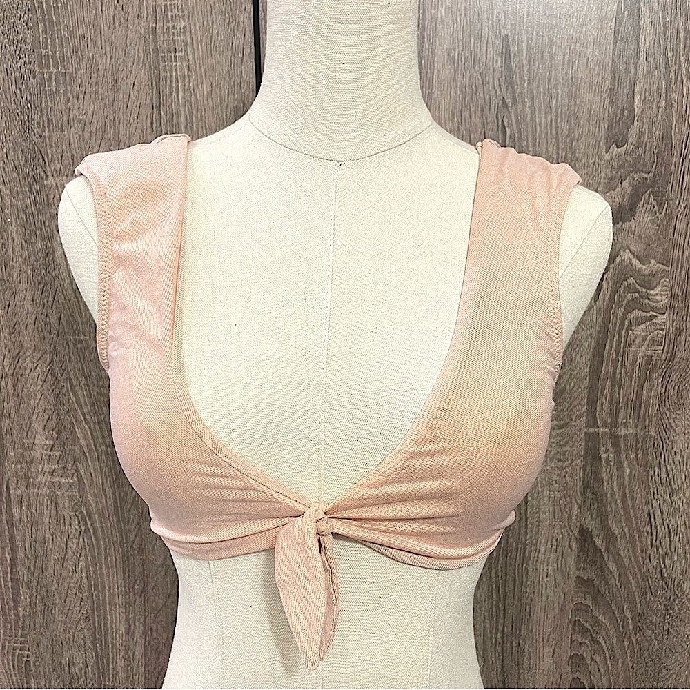 AERIE Sparkly Blush Pink Tie-Front Cute Bralette with Gold Glitter. Size Small